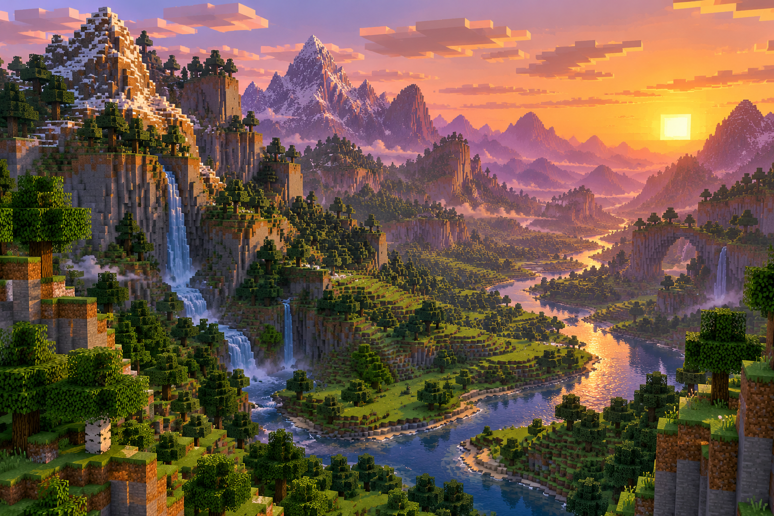 Illustration of a Minecraft landscape with towering mountains, green valleys, and a winding river.