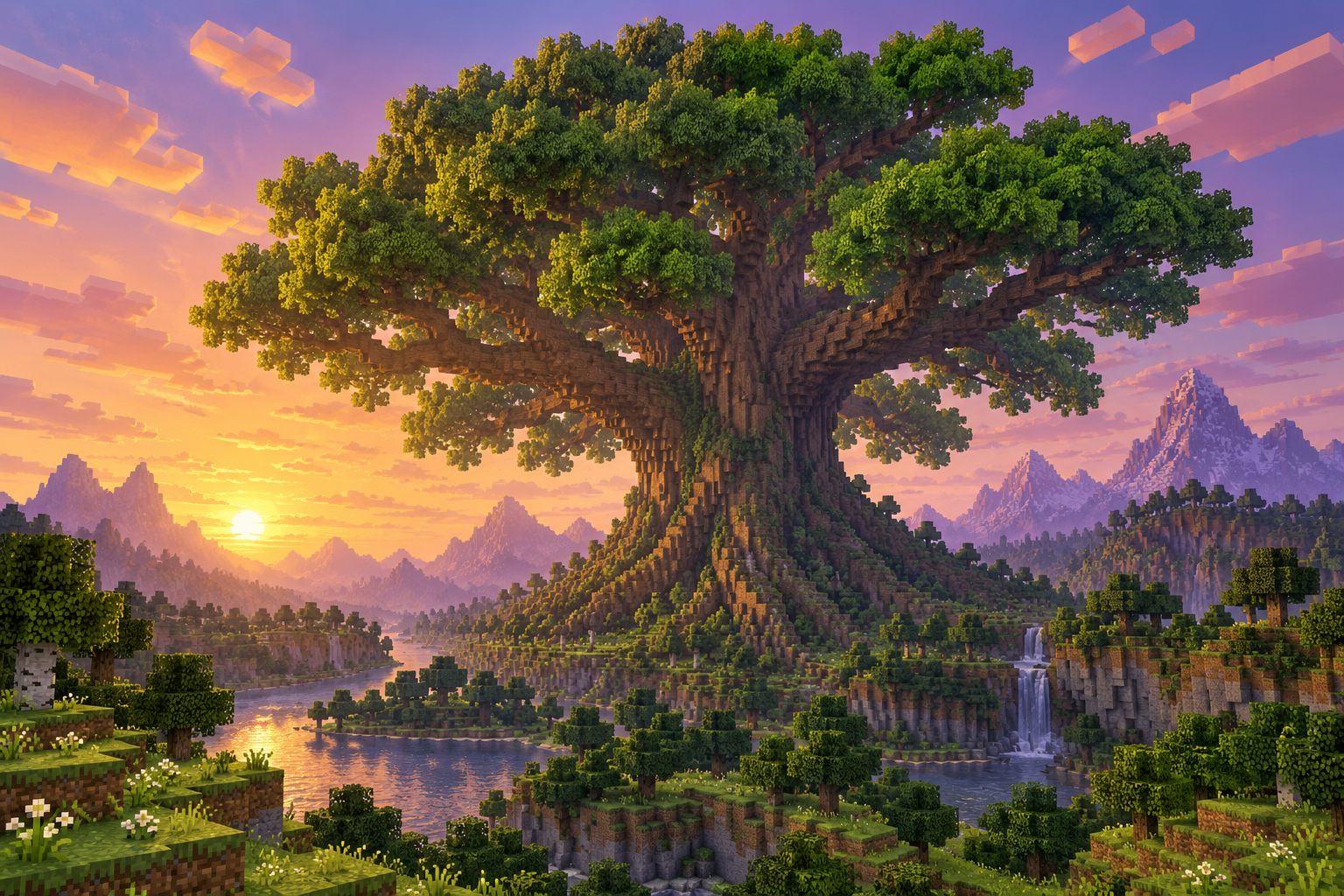 Illustration of a huge majestic Minecraft tree with a spreading green canopy.